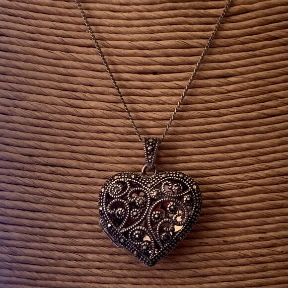 Genevieve & Grace Sterling Silver MARCASITE HEART Locket Necklace NEW Valentines - Picture 1 of 11